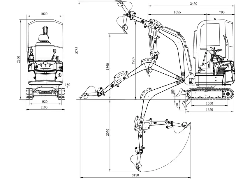 Mini-pelle 1,8 tonnes avec cabine moteur Kubota 10,2 kW 3 cylindres avec bras pivotant et train de chenilles extensible MW Tools - Image 9