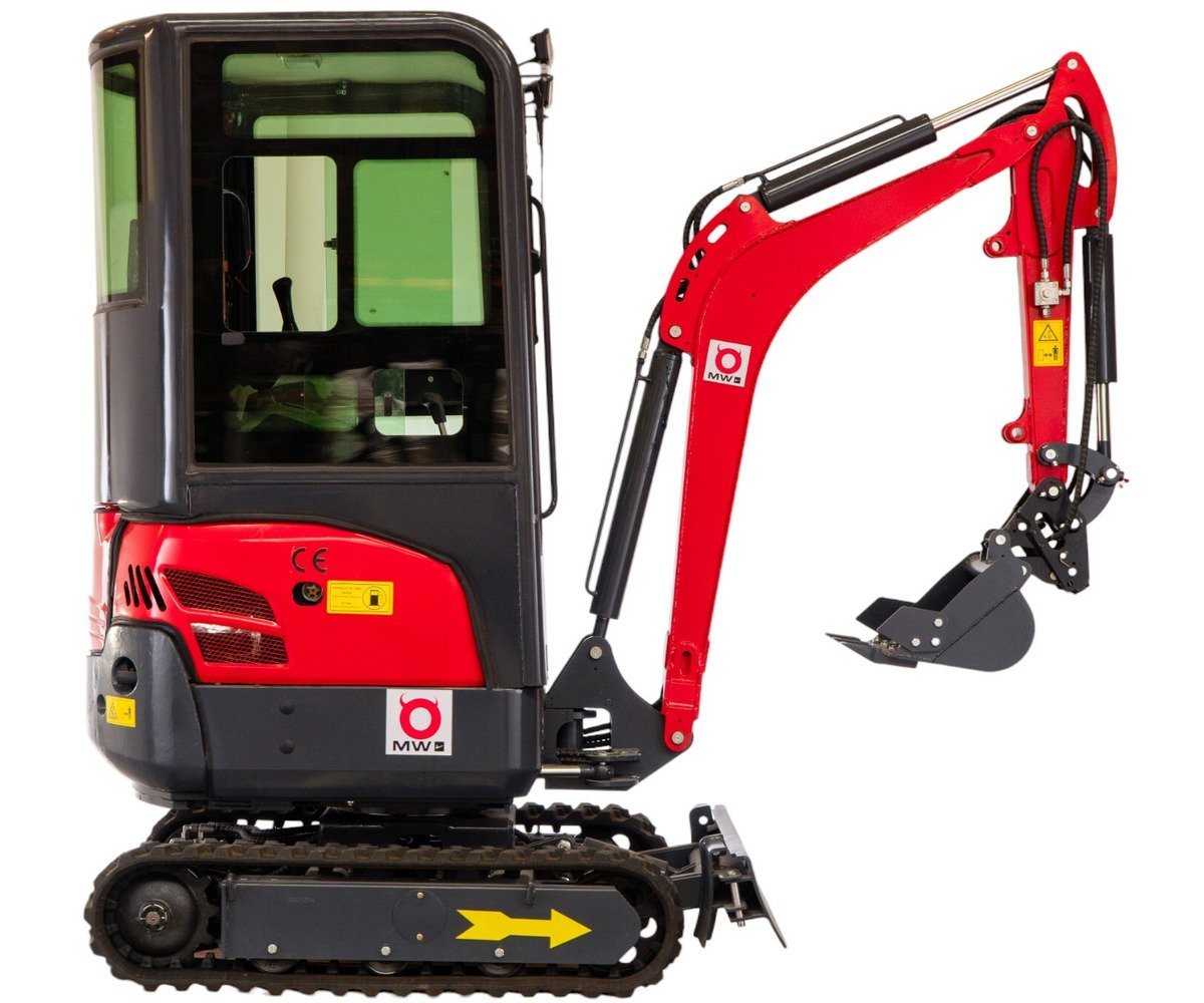 Mini-pelle 1,8 tonnes avec cabine moteur Kubota 10,2 kW 3 cylindres avec bras pivotant et train de chenilles extensible MW Tools