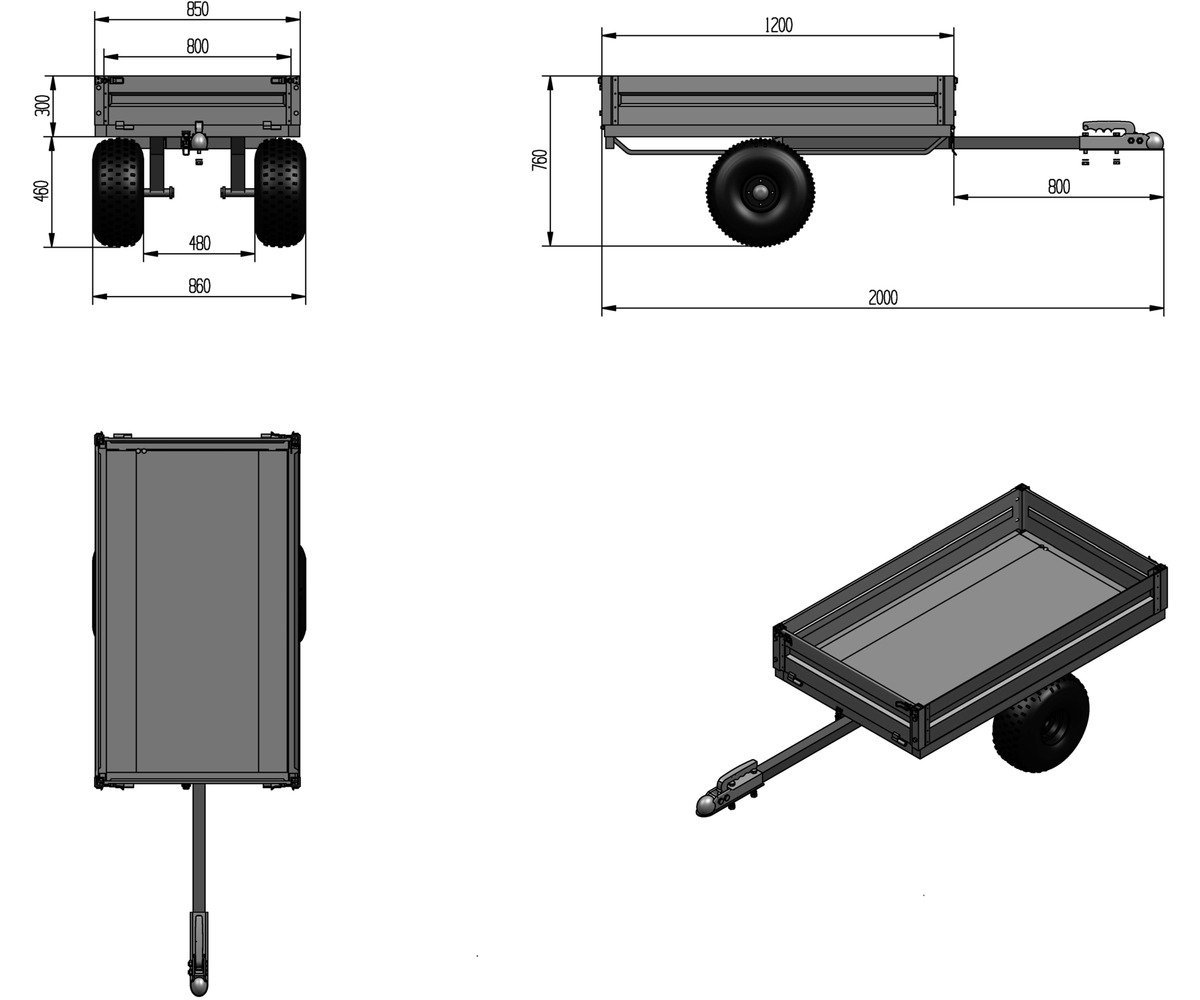 Remorque simple essieu 350kg benne galvanisée basculante 1200x850x300 mm Torros - Image 3